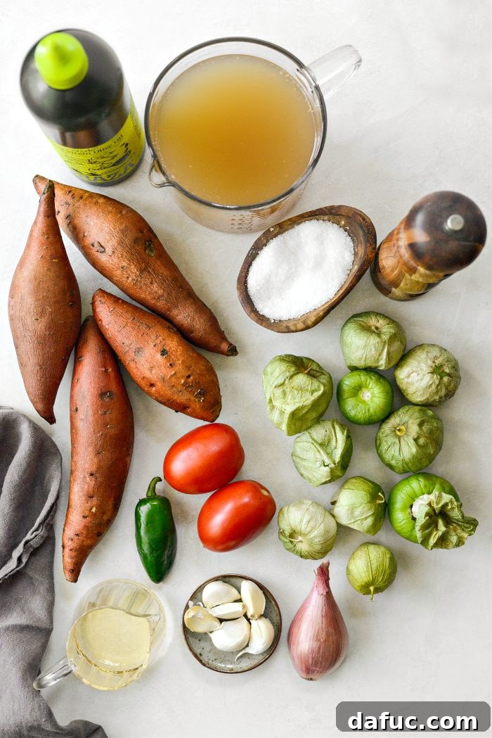 Vibrant Sweet Potato Tomatillo Bisque 4 Raw ingredients laid out for Sweet Potato Tomatillo Bisque