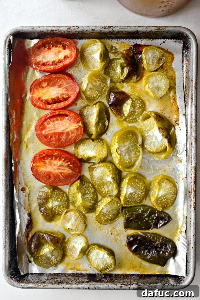 Vibrant Sweet Potato Tomatillo Bisque 7 Roasted sweet potatoes, tomatillos, roma tomatoes, and jalapeño after cooking