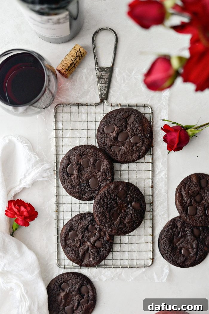 Decadent Merlot-Infused Dark Chocolate Cookies 3 A close-up shot of the Double Dark Chocolate Merlot Cookies, highlighting their rich, dark hue and inviting appearance.