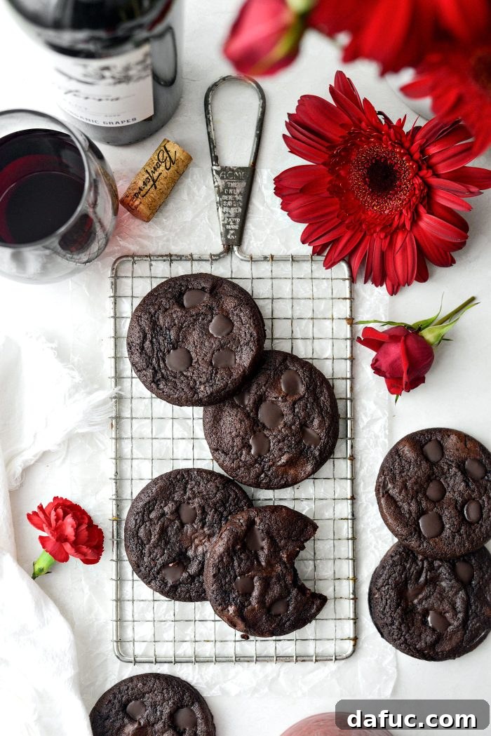 Decadent Merlot-Infused Dark Chocolate Cookies 22 Double Dark Chocolate Merlot Cookies presented on a plate, ready to be enjoyed.