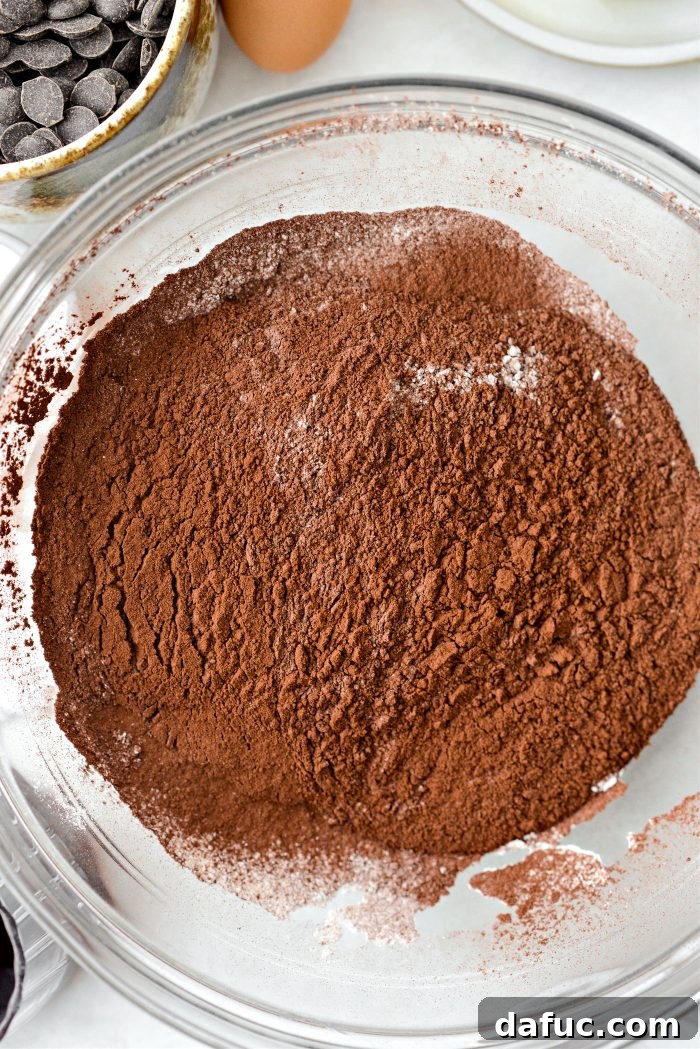 Decadent Merlot-Infused Dark Chocolate Cookies 6 The perfectly sifted dry ingredients, a fine, uniform mixture of flour, cocoa, salt, and baking soda.