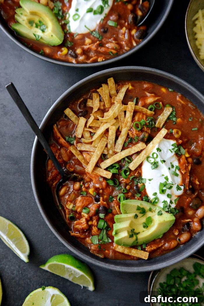 Another mouthwatering shot of Southwest Chicken Chili in a bowl