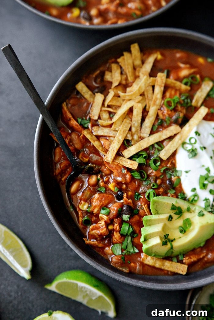 Smoky Southwest Chicken Chili 19 Southwest Chicken Chili served in a bowl with a spoon
