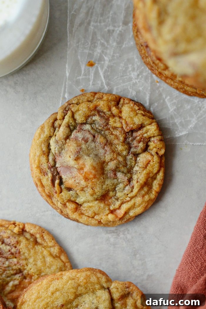 Close-up of a Butterfinger cookie, showcasing its textured surface and golden-brown edges.