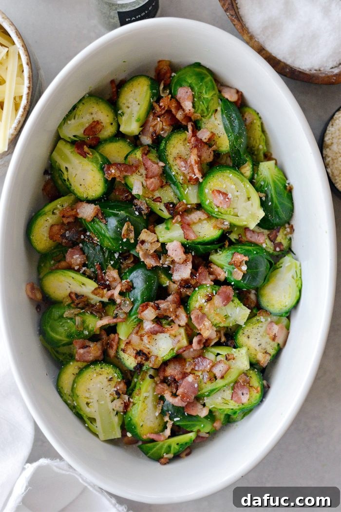 Creamy Cheesy Brussels Bake 10 Layering half of the sliced Brussels sprouts, bacon, and shallots in a baking dish