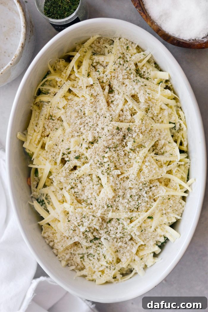 Creamy Cheesy Brussels Sprout Bake 7 Finishing the gratin with panko breadcrumbs and a sprinkle of dried parsley and black pepper.