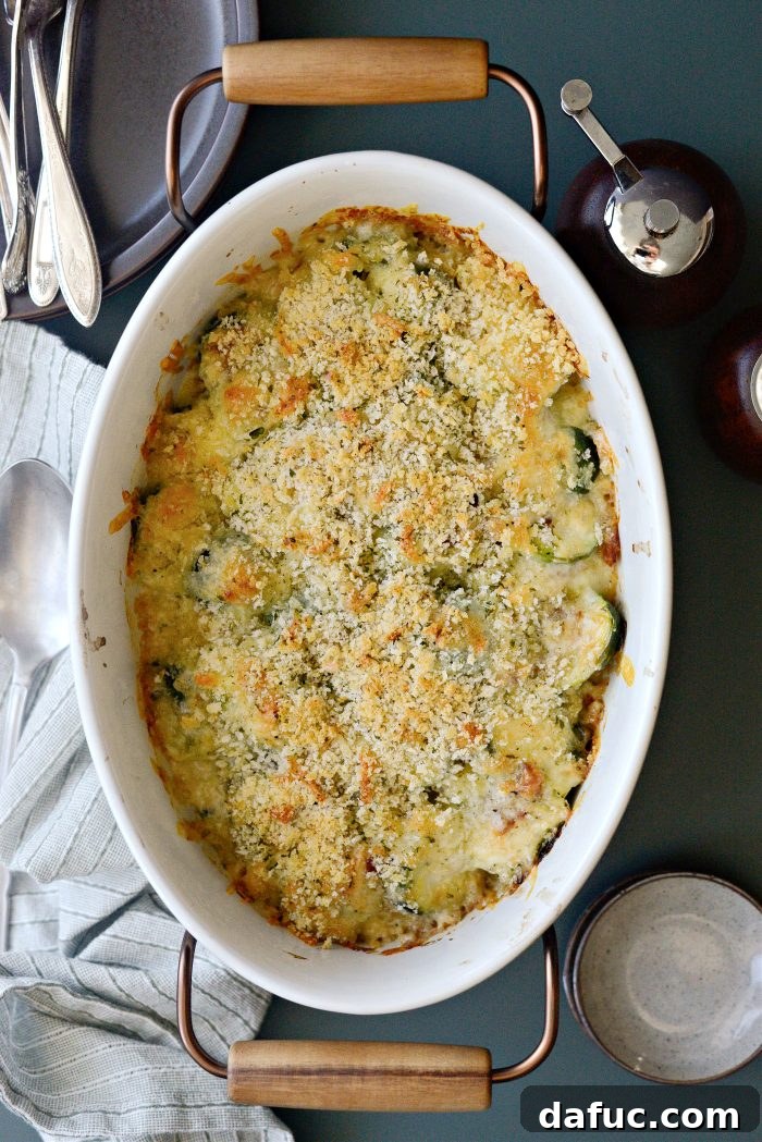 Creamy Cheesy Brussels Bake 14 A close-up of the finished Brussels Sprout Gratin, showing the golden-brown topping and rich filling