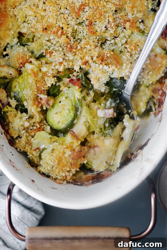 Creamy Cheesy Brussels Bake 15 A serving of Brussels Sprout Gratin on a plate, showcasing its creamy texture