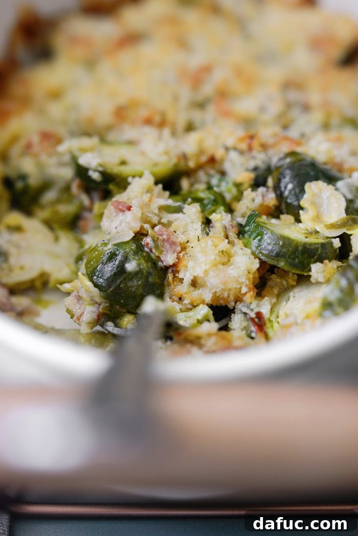 Creamy Cheesy Brussels Sprout Bake 11 A final close-up of the delicious Brussels Sprout Gratin.