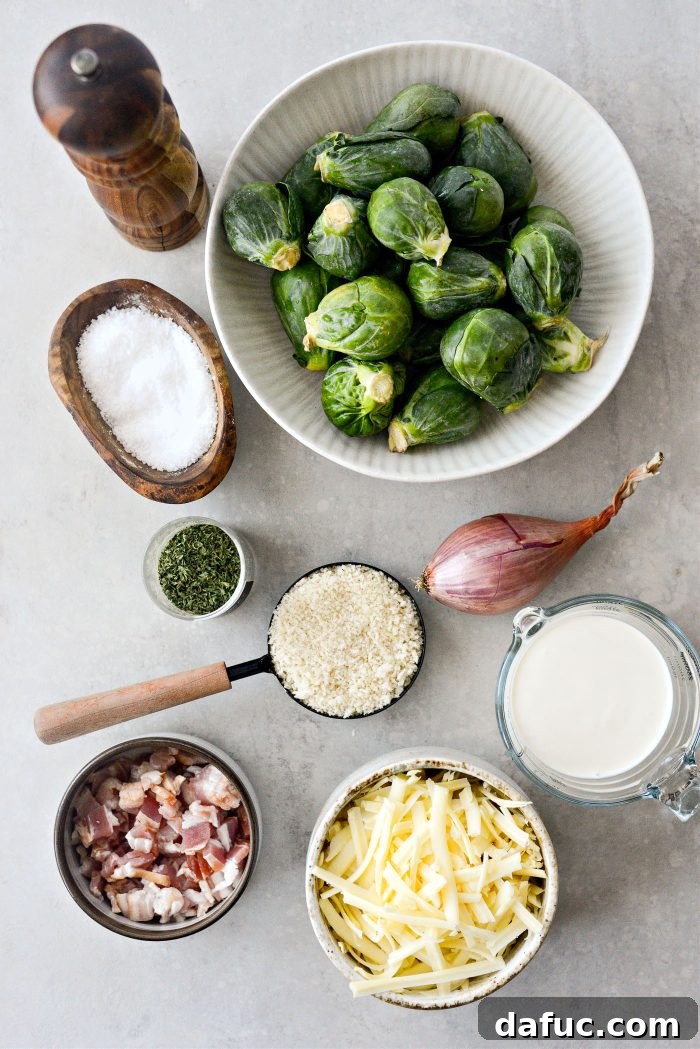 Creamy Cheesy Brussels Sprout Bake 3 Ingredients for making Brussels Sprout Gratin, including fresh sprouts, bacon, shallots, and cheese.