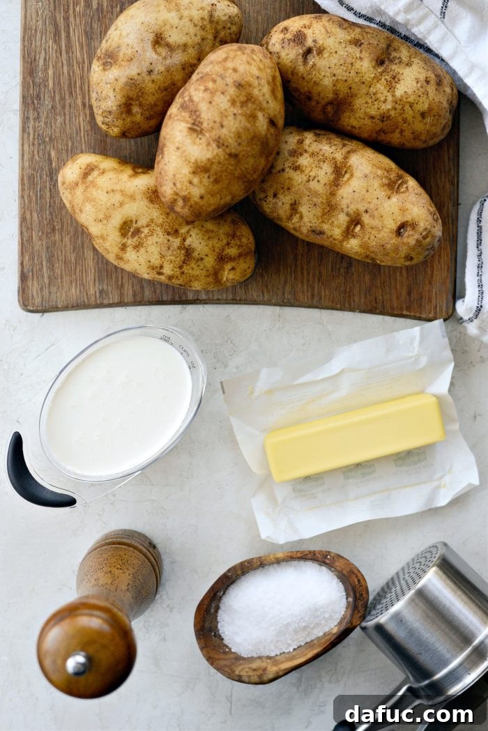 Heirloom Mashed Potatoes 4 ingredients for Creamy Mashed Potatoes - potatoes, butter, half and half, salt, pepper