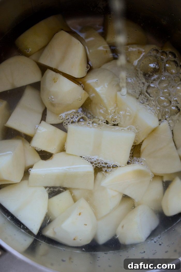 Heirloom Mashed Potatoes 8 fill with water 2 inches above the potatoes - cold water filling a pot of cut potatoes