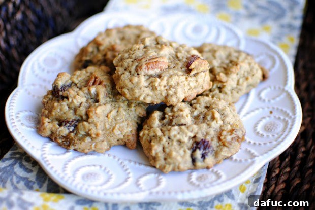 Delicious Pecan Rum Raisin Oatmeal Cookies arranged beautifully.
