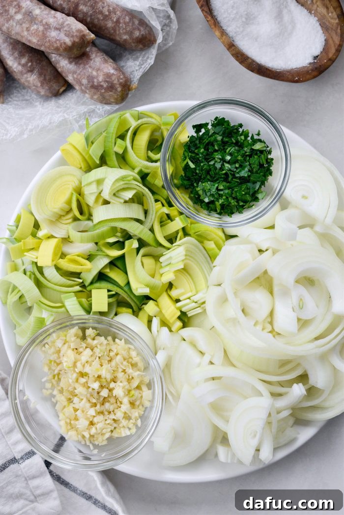 Dublin's Hearty Comfort Coddle 8 Prepped onions, leeks, garlic, and parsley ready for Dublin Coddle.
