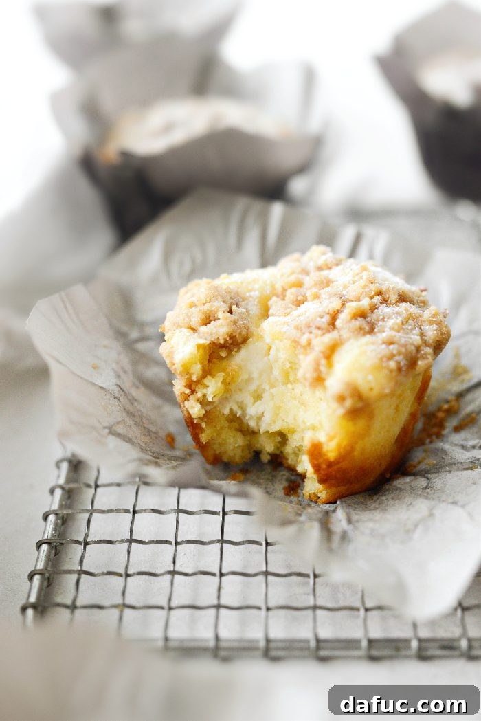 Close-up of Cream Cheese Streusel Muffins with a bite taken