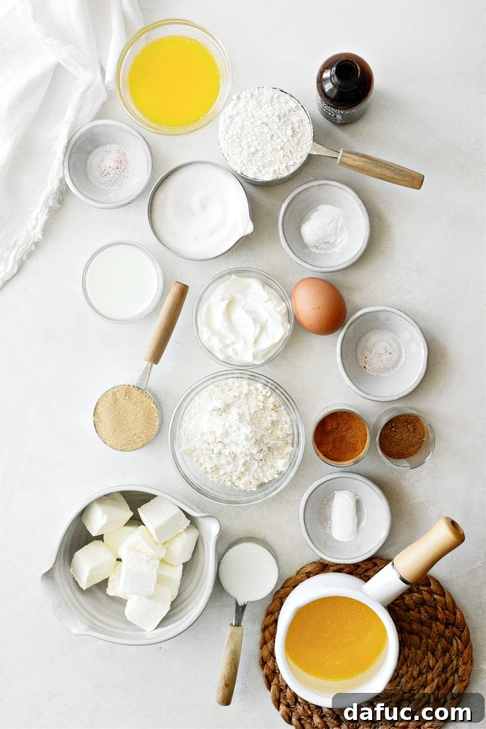 Ingredients for Cream Cheese Streusel Muffins laid out on a table