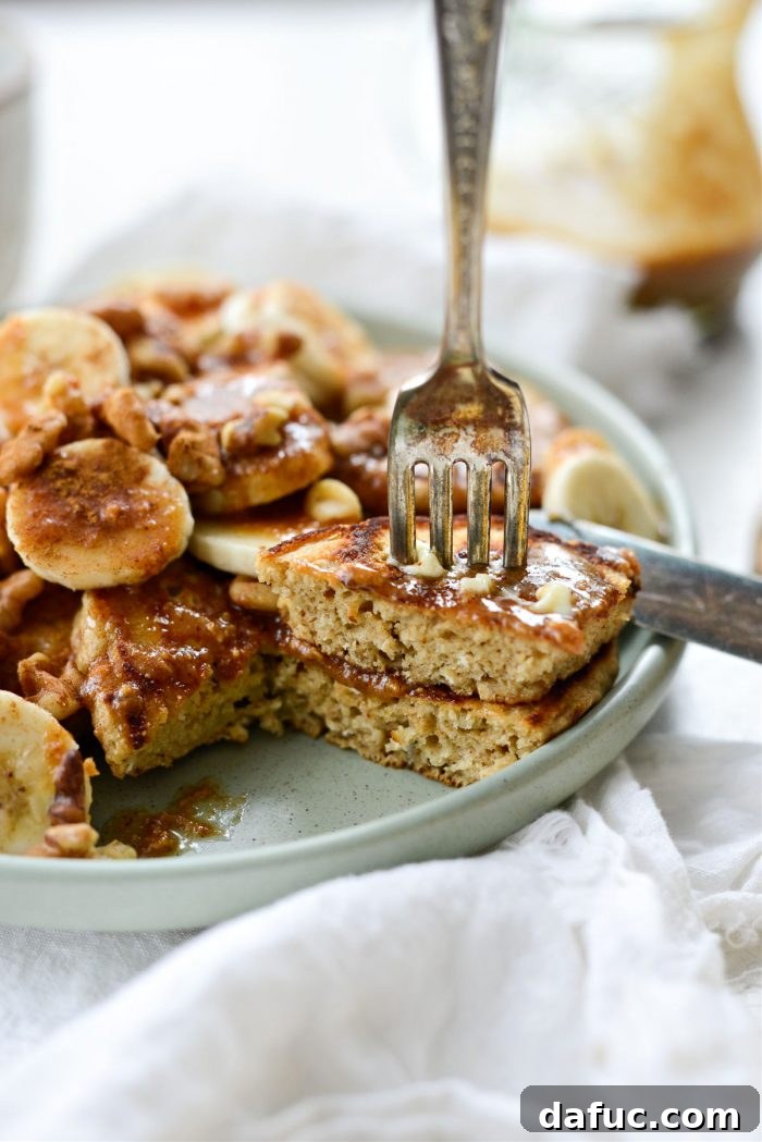 Another close-up of the delicious Peanut Butter Oatmeal Banana Pancakes