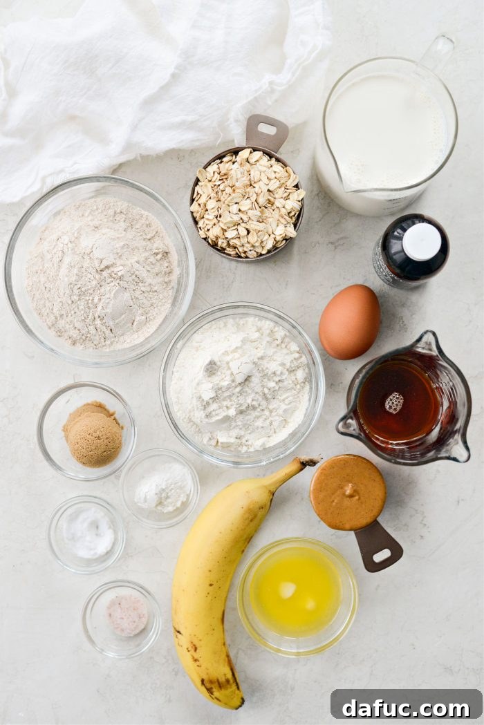 Ingredients for Peanut Butter Oatmeal Banana Pancakes laid out on a table