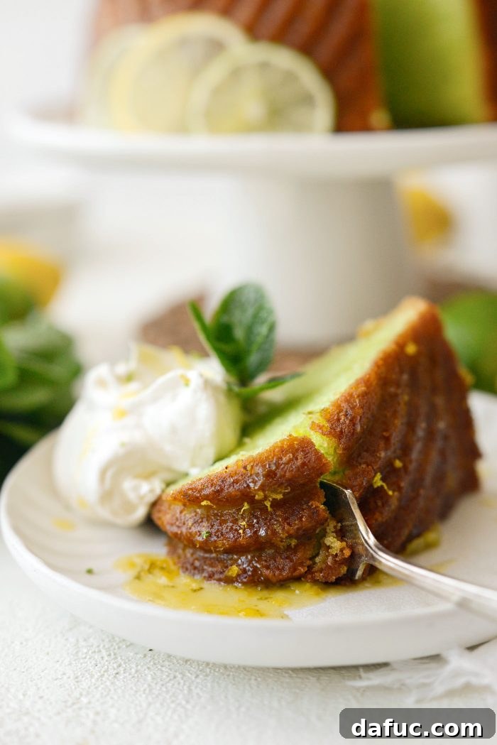 A final, mouth-watering image of the Lemon Lime Bundt Cake, inviting viewers to bake and enjoy.