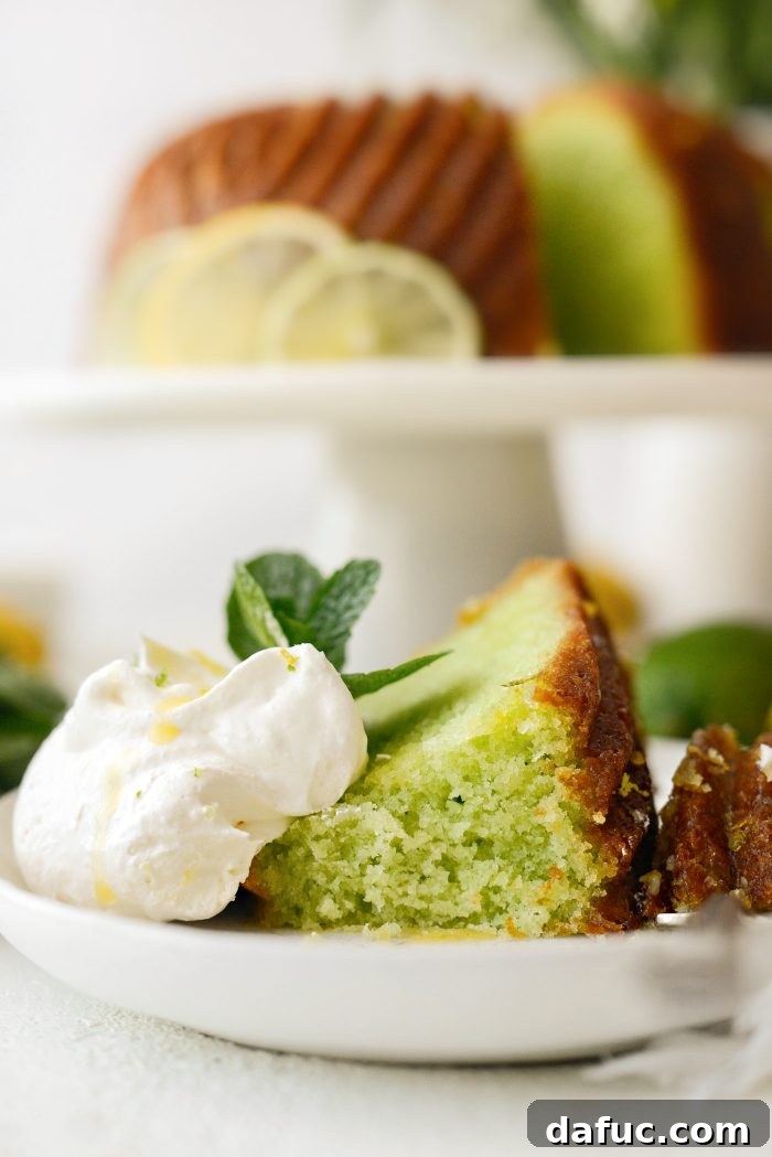 A last artistic shot of the Lemon Lime Bundt Cake, beautifully presented.