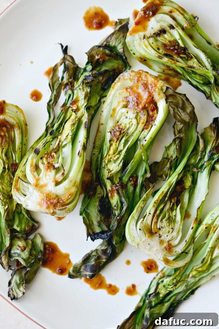 Beautifully served grilled baby bok choy on a cream platter, artfully arranged with sauce and garnishes