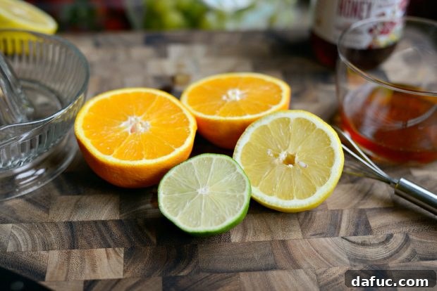 Prismatic Fruit Delight 5 Ingredients for citrus honey syrup: orange, lemon, lime