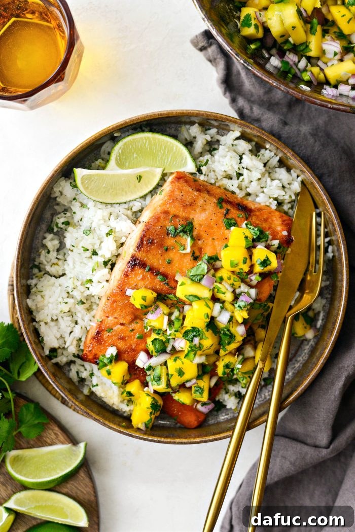 Honey Glazed Salmon with Mango Salsa and Rice