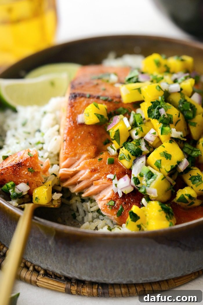 Close-up of Honey Glazed Salmon with Mango Salsa