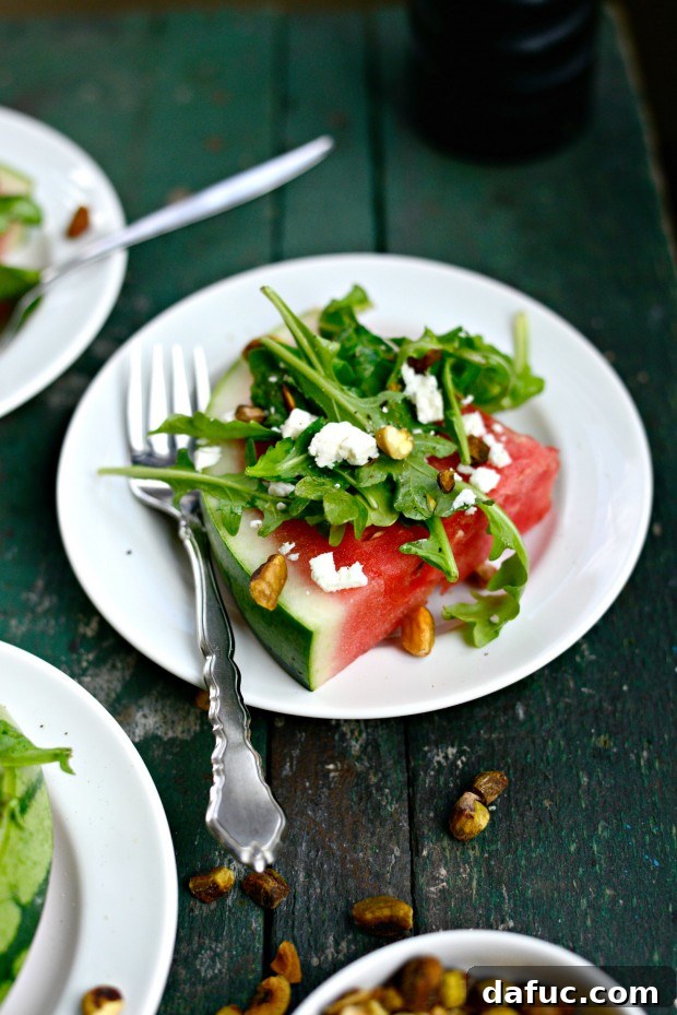 Summertime Watermelon Wedge Salad 3 Watermelon Wedge Salad on a serving plate, close-up