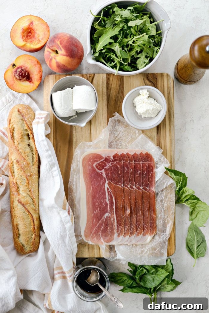 Peach Prosciutto Chèvre Crostini 4 All the fresh ingredients for Peach Prosciutto Goat Cheese Crostini laid out on a table