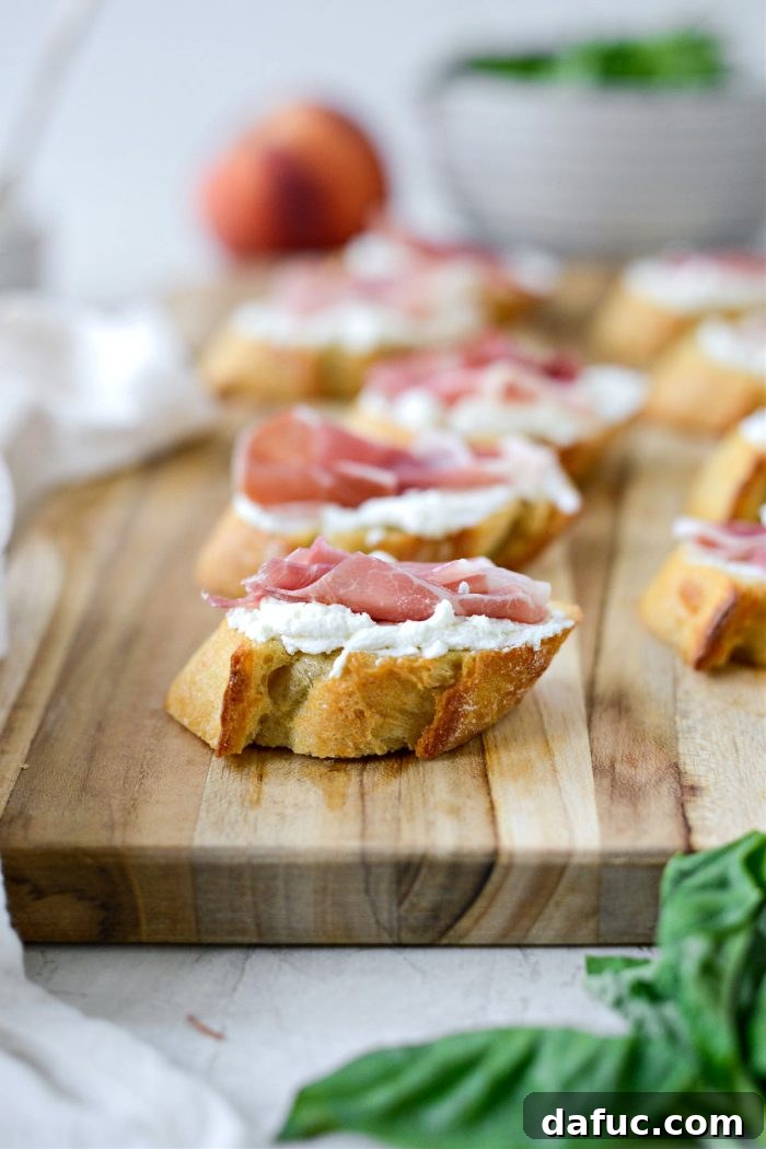 Peach Prosciutto Chèvre Crostini 10 Adding delicate pieces of prosciutto to the whipped goat cheese spread on crostini