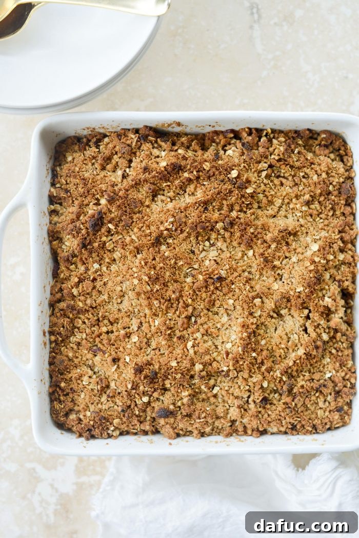 Effortless Apple Crumble 12 Freshly baked easy apple crisp, golden brown and bubbling, straight from the oven.
