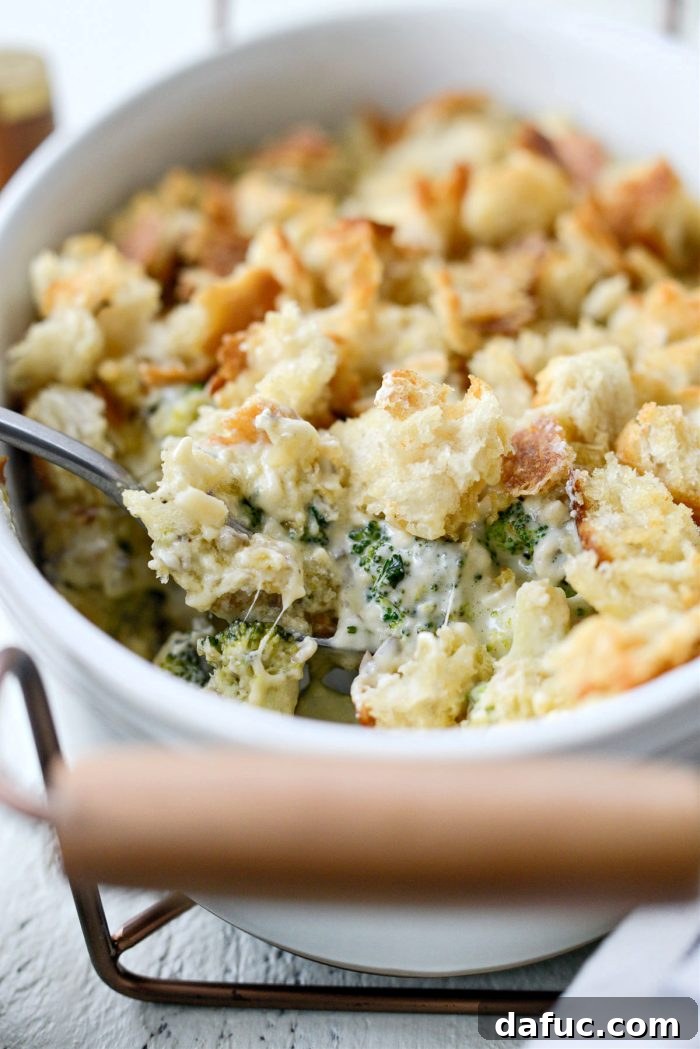 Cozy Broccoli Bake 2 Homemade Broccoli Casserole with melted Swiss cheese and toasted sourdough topping