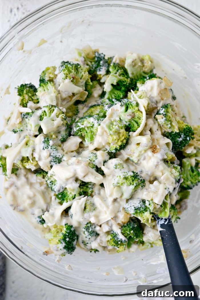 Cozy Broccoli Bake 13 Stirring to combine the creamy broccoli mixture