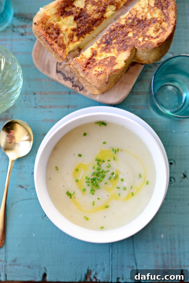 Roasted garlic potato soup garnished with chives