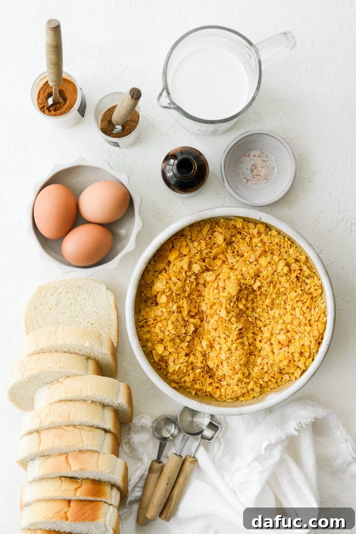 Crunchy Cornflake French Toast 4 Ingredients laid out for making Cornflake Crusted French Toast
