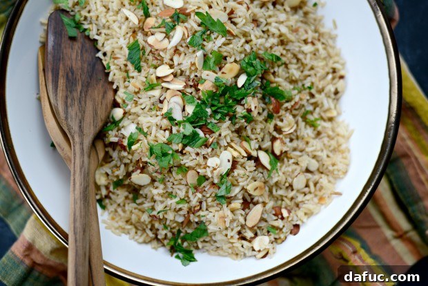 Fragrant Almond Basmati Pilaf 20 Serving bowl of Garlicky Toasted Almond Basmati Rice