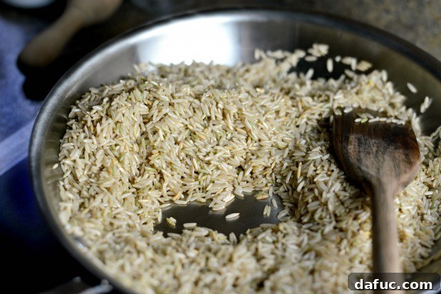 Fragrant Almond Basmati Pilaf 8 Golden-brown toasted basmati rice in a skillet