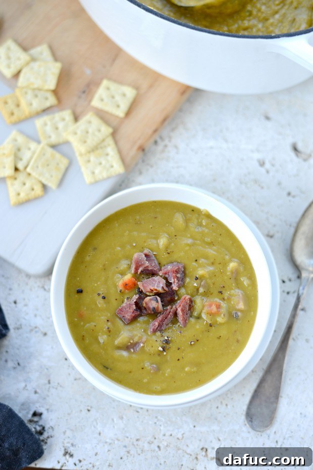 Close-up of Split Pea Soup showing its vibrant green color