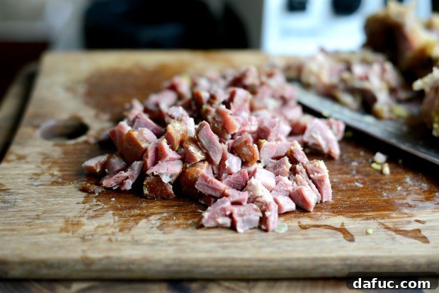 Chopped ham meat from hocks, ready to be added to soup