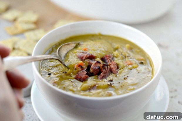 Garnished Split Pea Soup with ham bits, ready to serve
