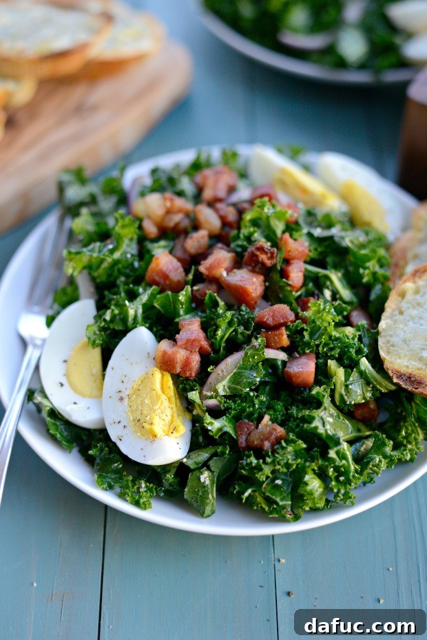 Hearty Winter Kale Salad with Crispy Pancetta and Blue Cheese Crostini 3 Close-up of the delicious Winter Kale and Crispy Pancetta Salad, showcasing its fresh ingredients and textures.