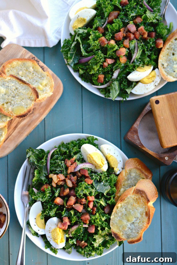 Hearty Winter Kale Salad with Crispy Pancetta and Blue Cheese Crostini 27 A close-up of the fully assembled and served Winter Kale Salad, highlighting its inviting presentation.