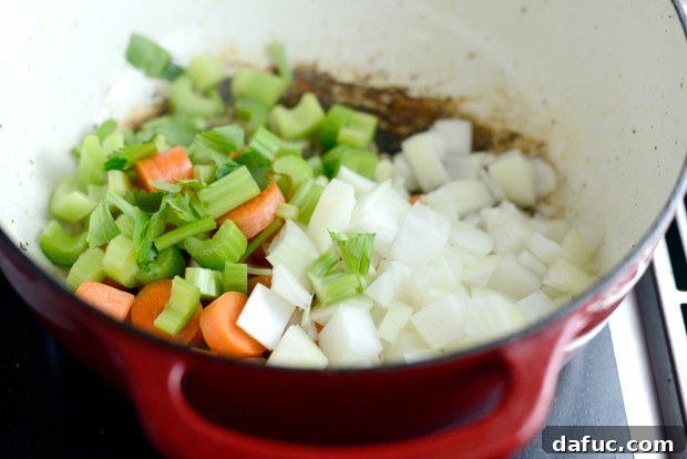 Slow-Simmered Chicken Stew 13 Onions, celery, and carrots added to the Dutch oven with remaining fat