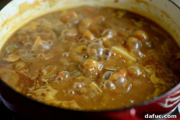 Slow-Simmered Chicken Stew 25 Stew liquids boiling to thicken and reduce