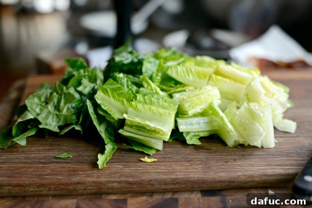 Roughly chopped romaine lettuce for the BLAT salad base