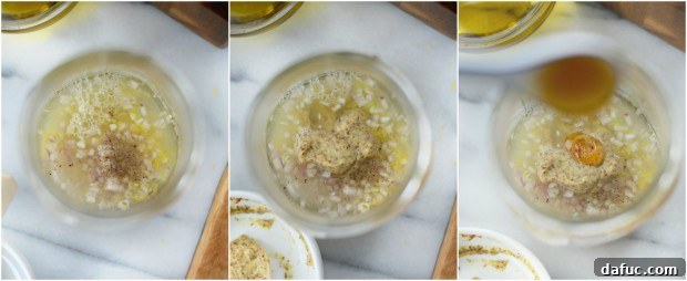 Adding lemon zest, shallots, salt, and pepper to vinaigrette