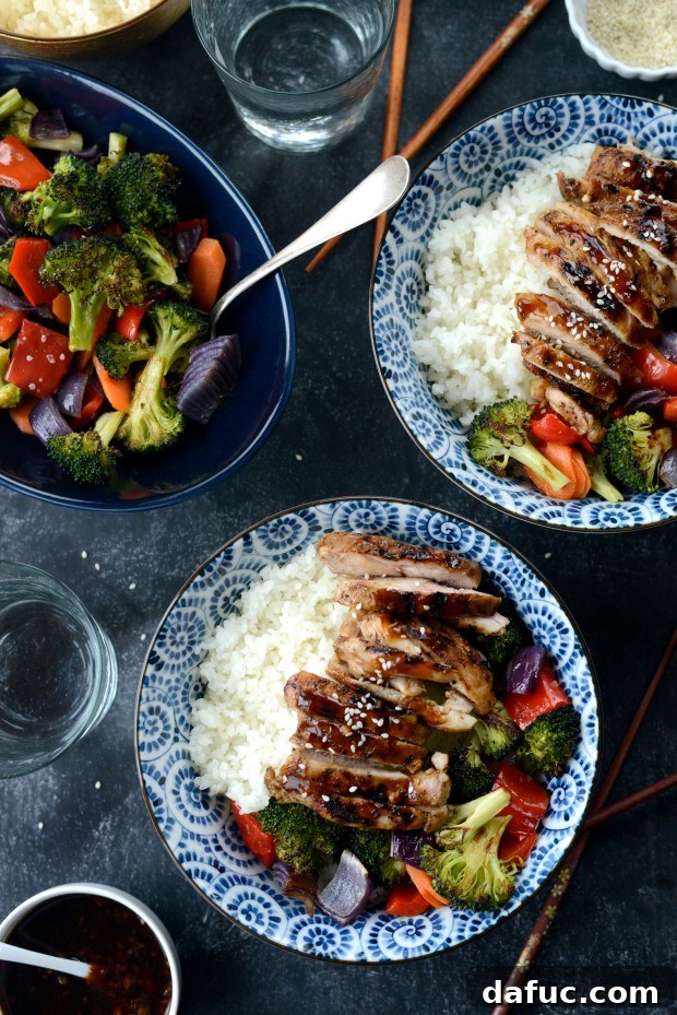 Sweet & Tangy Teriyaki Chicken Bowls 23 Assembling teriyaki bowls - chicken and veggies on rice in a bowl