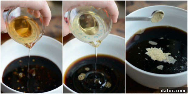 Sweet & Tangy Teriyaki Chicken Bowls 9 Teriyaki sauce ingredients - measuring brown sugar and honey into a bowl