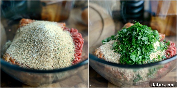 Adding parsley to meatball mixture